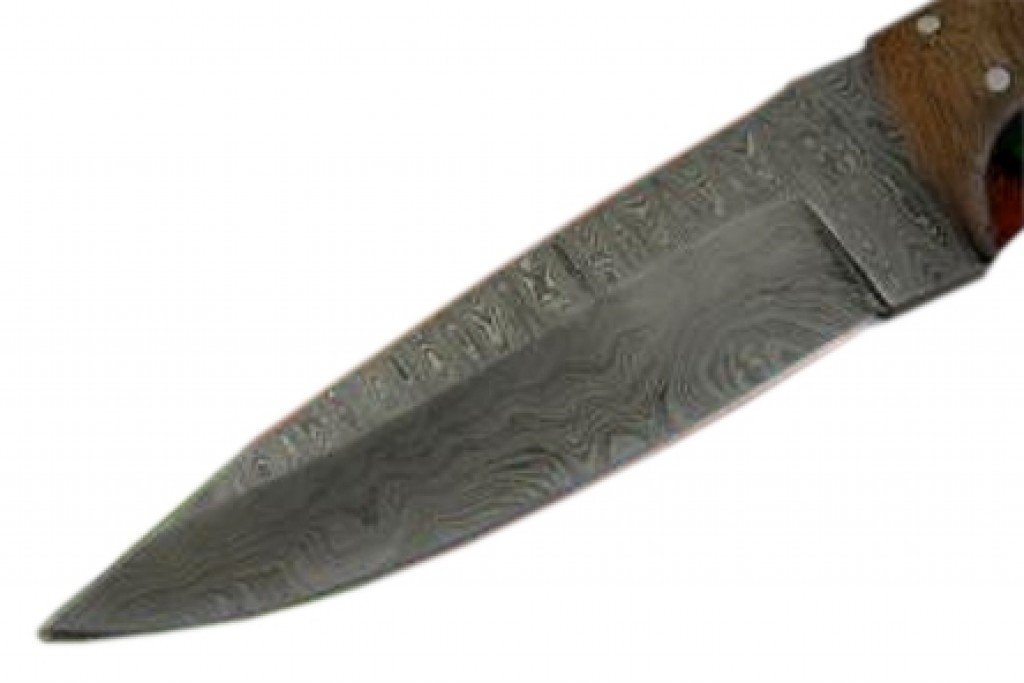 Damascus Pocket Knife Bull Horn Handle Robust Pattern