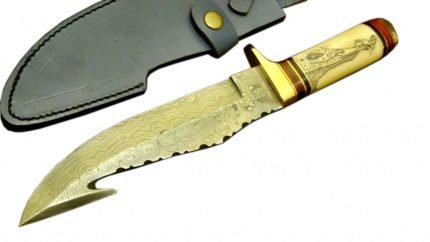 Perfect Engraved Handmade Gut Hook 12.5" Damascus Knife New 
