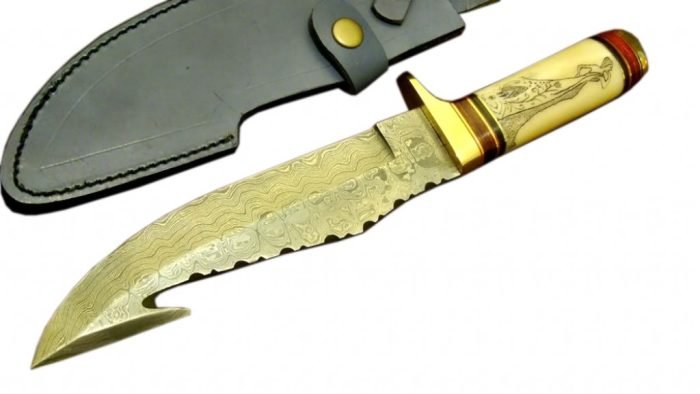 Perfect Engraved Handmade Gut Hook 12.5" Damascus Knife New