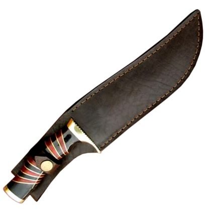 Red & Black Stripe Damascus Knife Geometry Patterns Chocolate Brown Leather Sheath