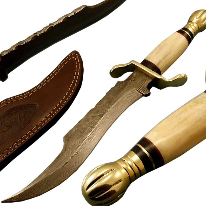 9.5" Damascus Knife Camel Bone And Brass Handle Fantastic Rock Solid Handle