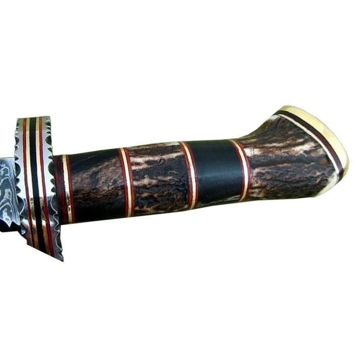 A Piece of Art Stag Horn Handle Damascus Knife with Black Leather Sheath