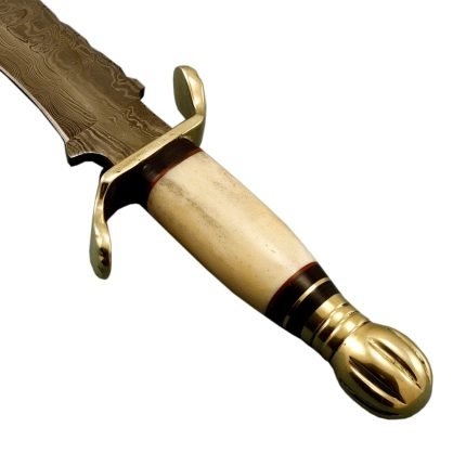 9.5" Damascus Knife Camel Bone And Brass Handle Fantastic Rock Solid Handle