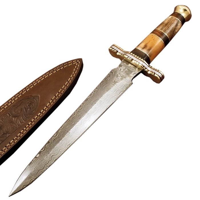 5 1/8" Damascus Carbon Steel Dagger Knife Hand Made Fixed Sheath Billet Forged