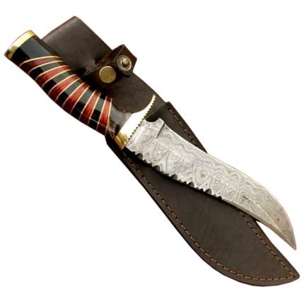 Red & Black Stripe Damascus Knife Geometry Patterns Chocolate Brown Leather Sheath