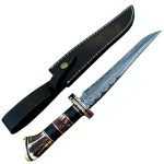 A Piece of Art Stag Horn Handle Damascus Knife with Black Leather Sheath