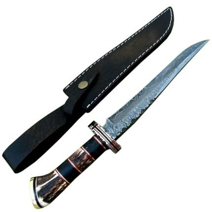 A Piece of Art Stag Horn Handle Damascus Knife with Black Leather Sheath
