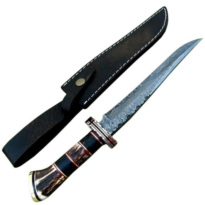 A Piece of Art Stag Horn Handle Damascus Knife with Black Leather Sheath