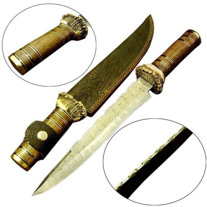 Bowie Damascus Crown Antler Knife Fantastic Excellent Finish Carbon Steel 15"