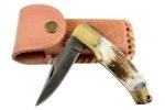 New Damascus Folding Blade Pocket Knife Strong Grip Orange Leather Sheath