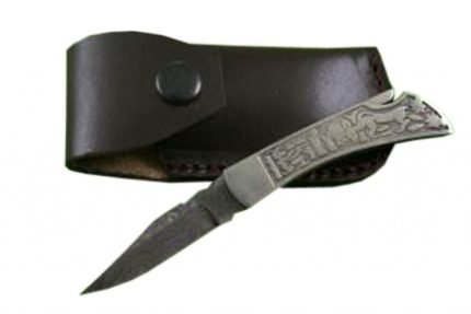 New Folding Knife Damascus Steel Blade Engraved Handle Black Leather Sheath