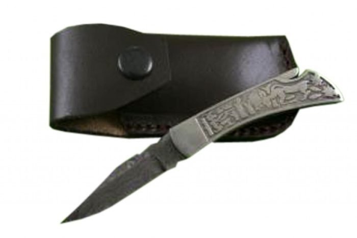 New Folding Knife Damascus Steel Blade Engraved Handle Black Leather Sheath