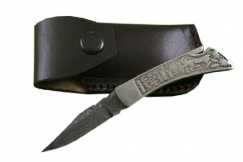 New Folding Knife Damascus Steel Blade Engraved Handle Black Leather Sheath