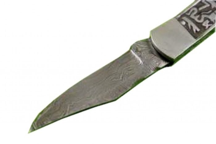 New Folding Knife Damascus Steel Blade Engraved Handle Black Leather Sheath