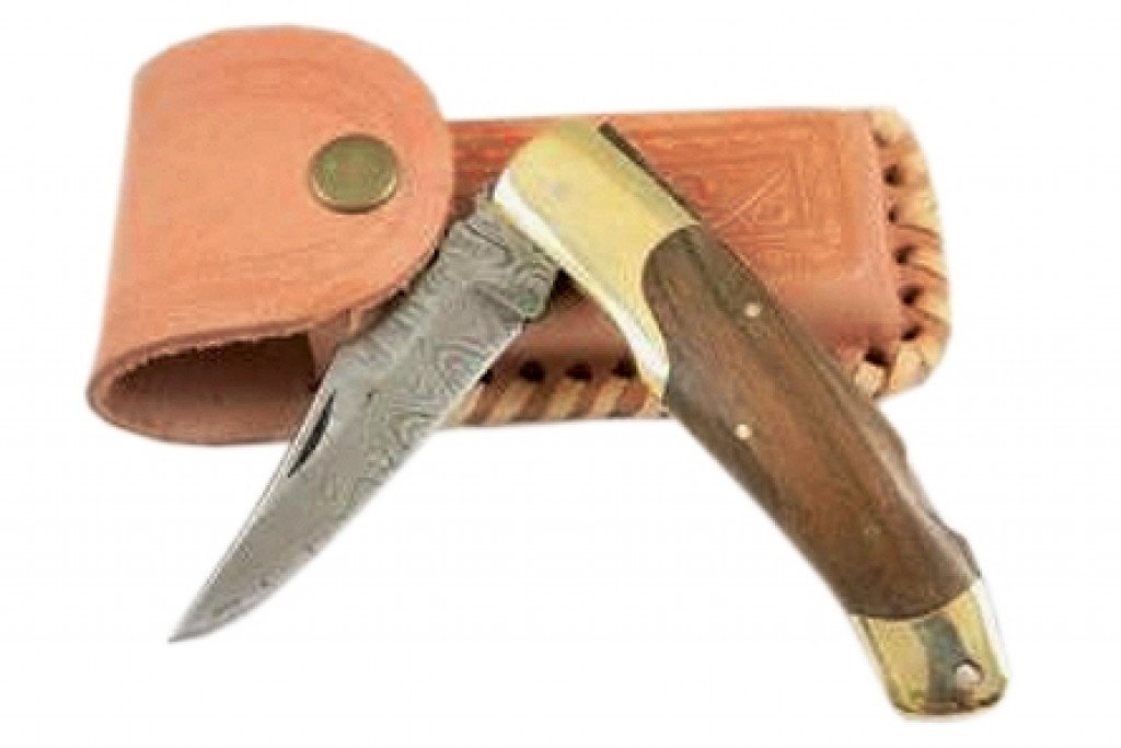 Damascus Steel Folding Pocket Knife Carbon Steels Forged Orange Sheath
